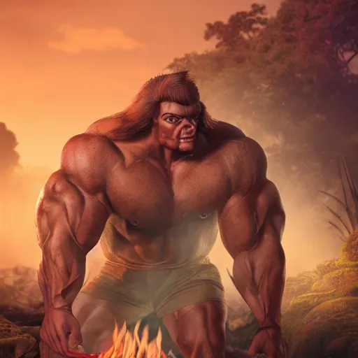 Image similar to muscleman with peyote tea at jungle campfire full moon atmospheric octane render ultra photorealistic hyper detailed, trending on cgsociety, 4 k, award - winning, very extremely beautiful, gorgeous, dnd, fantasy