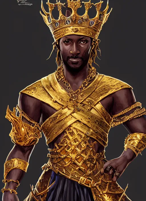 Image similar to black human king wearing a crown, gold, ultra detailed fantasy, dndbeyond, bright, colourful, realistic, dnd character portrait, full body, pathfinder, pinterest, art by ralph horsley, dnd, rpg, lotr game design fanart by concept art, behance hd, artstation, deviantart, hdr render in unreal engine 5