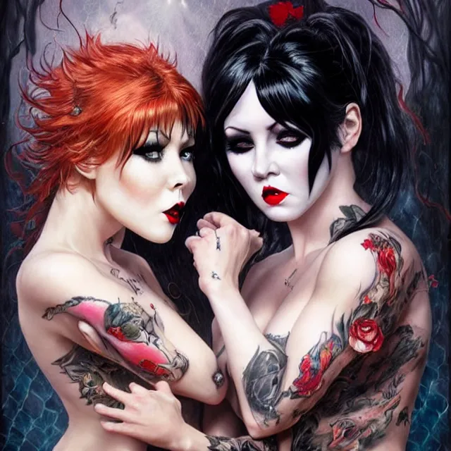 Image similar to two beautiful girls fighting in elvira cosplay with black hair in fully tattooed body and fishnet clothes fully on, beautiful detailed face, white face makeup, big red lips, black eye makeup, art by wlop and karol bak and gennady ulybin and stanley lau and artgem and magali villeneuve