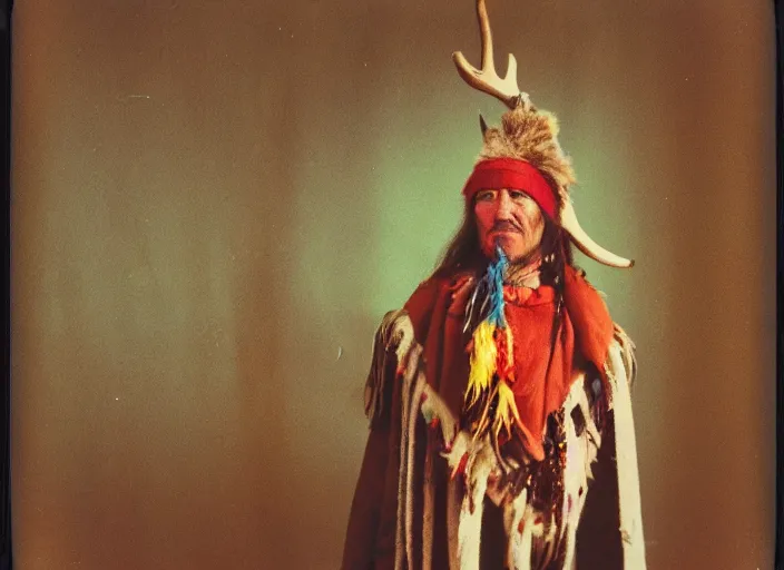 Prompt: over exposed color polaroid photograph of a neolithic european shaman wearing deerskin adorned with trinkets