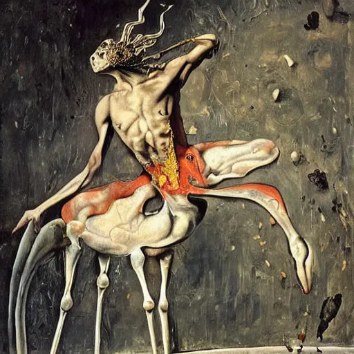 Image similar to a highly detailed painting of an elegant male dancer on flamingo legs by salvador dali and vadim stein, in a domed destroyed ballroom splattered with rot and decay by albrecht durer, dramatic lighting