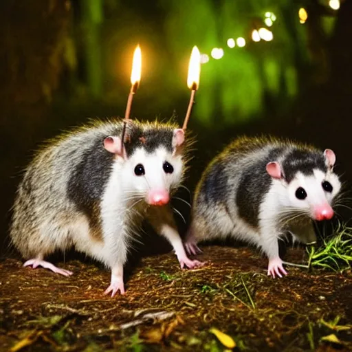 Image similar to photo of opossum birthday party in the forest at night