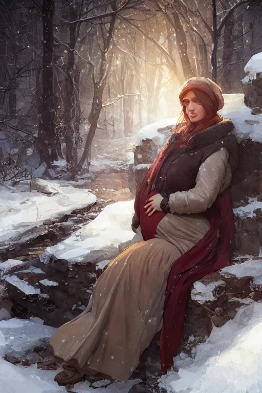 Prompt: portrait of a hungry and cold pregnant woman in the besieged Leningrad in winter, , digital painting, artstation, concept art, smooth, sharp focus, illustration, art by artgerm and greg rutkowski and alphonse mucha