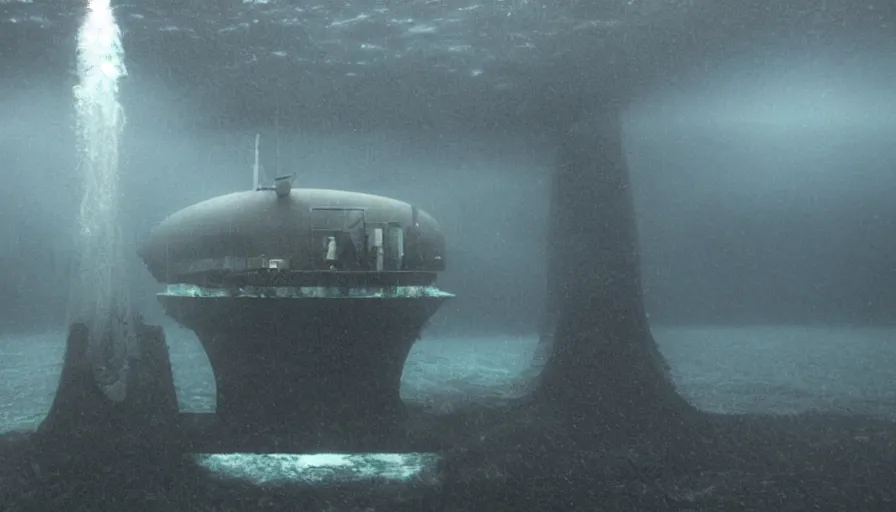 Image similar to Big budget horror movie, a submarine approaches an underwater biolab, deep in the ocean, dark and gloomy