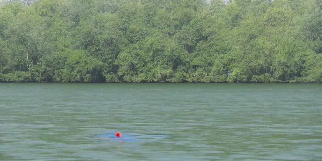 Image similar to centered colored photograph of a long rope snaking across the surface of the water, stretching out towards the center of the lake, a dark lake on a cloudy day, trees in the background, anamorphic lens