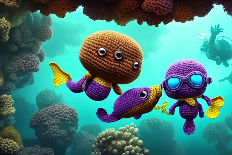 Image similar to an expedition of crochet scuba divers discovering a new animal underwater. cute, illustration, digital art, inspired by little big planet, by greg rutkowski, sharp, masterpiece, highly detailed, photorealistic, octane render, 8 k, unreal engine 5, trending on artstation, vivid colors