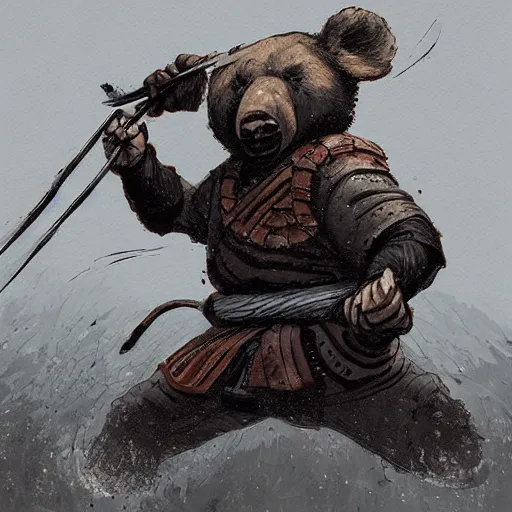 Prompt: Samurai fighting a giant bear, art by Ben Bauchau, painterly, digital art, artstation, pen and ink work. sharp focus.