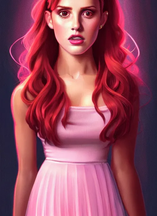 Image similar to full body portrait of teenage cheryl blossom, bangs, green eyes, sultry expression, red hair, sultry smirk, bangs and wavy hair, pink skirt, bangs, intricate, elegant, glowing lights, highly detailed, digital painting, artstation, concept art, smooth, sharp focus, illustration, art by wlop, mars ravelo and greg rutkowski