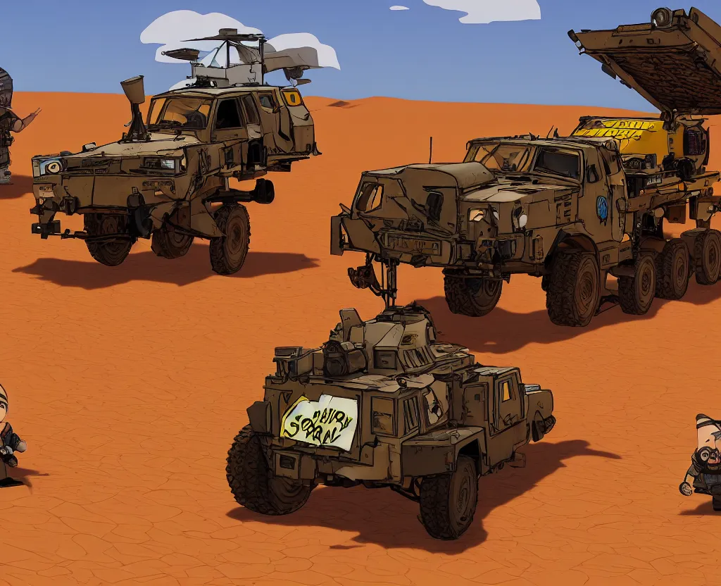 Prompt: South Park Fury Road War Rig and desert background, borderlands video game 4k render