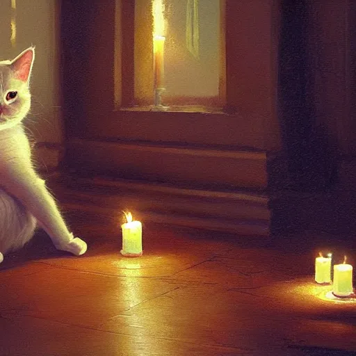 Image similar to Concept art, beautiful painting of a Ragdoll cat, shining its light among candles, 8k, james gurney, greg rutkowski, john howe, artstation