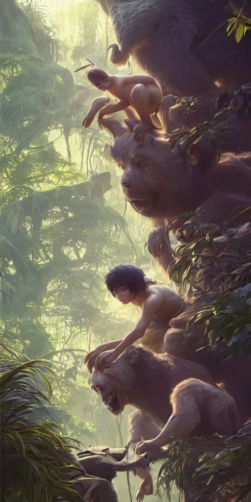 Image similar to still from the jungle book if made by krenz cushart and wenjun lin, portrait, illustration, rim light, top light, summer clear blue sky, perfectly shaded, soft painting, epic, intricate, art