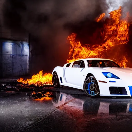 Image similar to Baby Blue Noble M600 set on fire in a ghetto, neon white lighting, 8k UHD, studio photography, high quality, high detail, stunning lighting