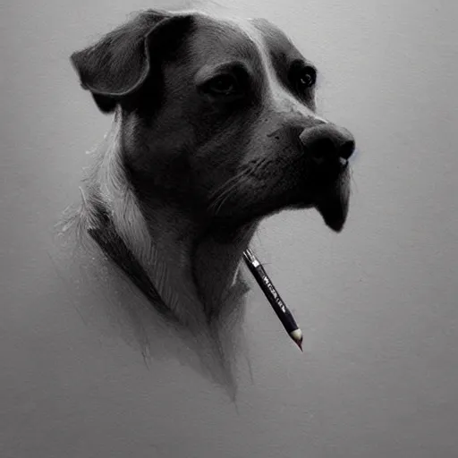 Image similar to a dog with a pencil, art by greg rutkowski, intricate, elegant, highly detailed, smooth, sharp focus, artstation