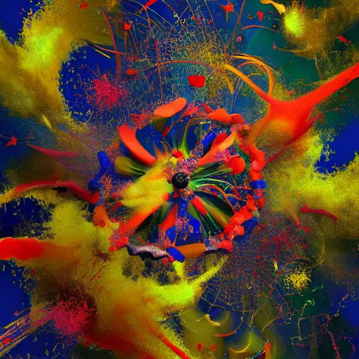 Image similar to color powder explosion on top of baroque renaissance painting, particles, fine detail, damien hirst and jackson pollock and james jean, golden ratio, fractal, sharp focus, artstation