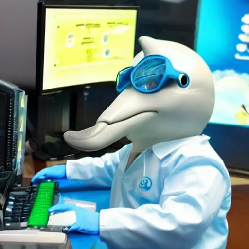 Image similar to A dolphin wearing a chemist outfit playing games on a computer