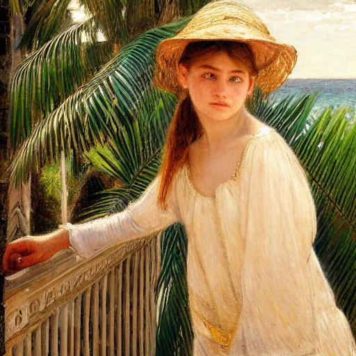 Image similar to a ultradetailed beautiful painting of a girl in the amazonas palace balustrade designed by jules bastien - lepage, hans belmer, frank weston and gustave baumann, beach, trending on artstation, mediterranean, palm trees, refracted color sparkles, sharp focus, soft light, 8 k 4 k