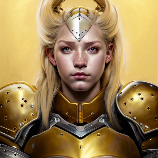 Prompt: Portrait of a girl with blonde hair wearing a heavy knight armor, Overwatch inspired, golden accents and armor by Donato Giancola, face, fantasy, intricate, elegant, highly detailed, digital painting, artstation, concept art, smooth, sharp focus, illustration, art by Wei Fan and Fernanda Suarez and Artem Demura and alphonse mucha