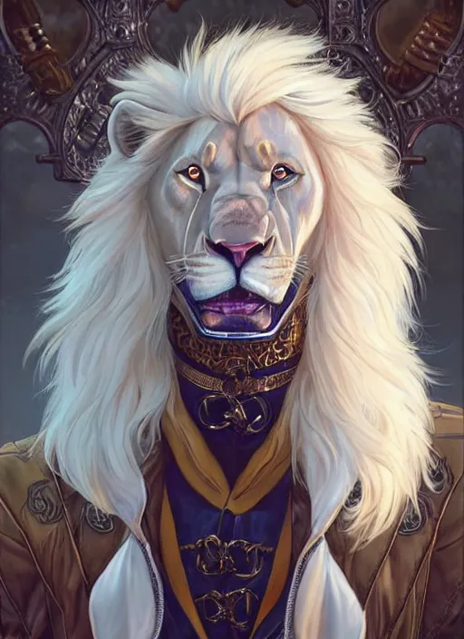 Prompt: aesthetic portrait commission of a of a male fully furry muscular anthro albino lion wearing attractive gay leather harness with a tail and a beautiful attractive hyperdetailed face at golden hour, safe for work (SFW). Character design by charlie bowater, ross tran, artgerm, and makoto shinkai, detailed, inked, western comic book art, 2021 award winning film poster painting