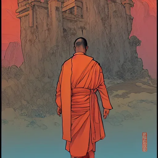 Image similar to portrait of the back of a monk with a mace, standing in front of a solid color background, Borderlands and by Feng Zhu and Loish and Laurie Greasley, Victo Ngai, Andreas Rocha, John Harris
