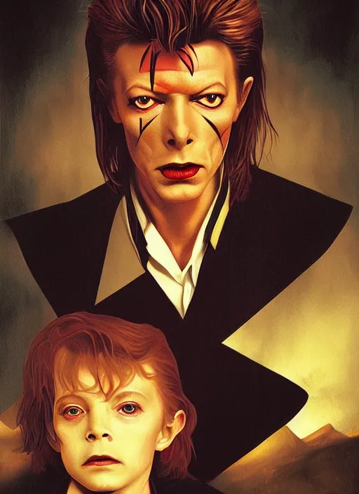 Image similar to twin peaks poster art, portrait of david bowie meets the little boy who is the prince of darkness, by michael whelan, rossetti bouguereau, artgerm, retro, nostalgic, old fashioned