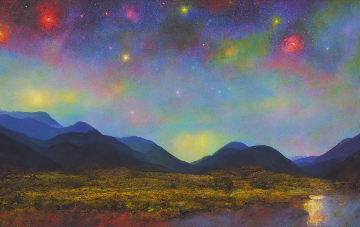 Prompt: Realist colorful impasto painting of the Salmon River mountain valley at midnight by John Harris, stars and galaxies in the dark sky, 4k scan, oil on canvas, visible brushstrokes