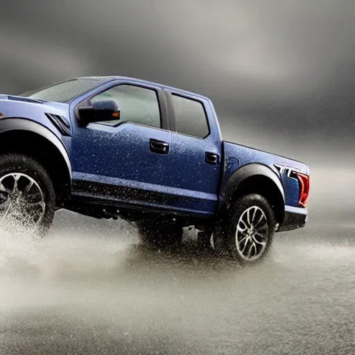 Image similar to a hyper realistic photo of the driver side of a ford raptor in a rainstorm