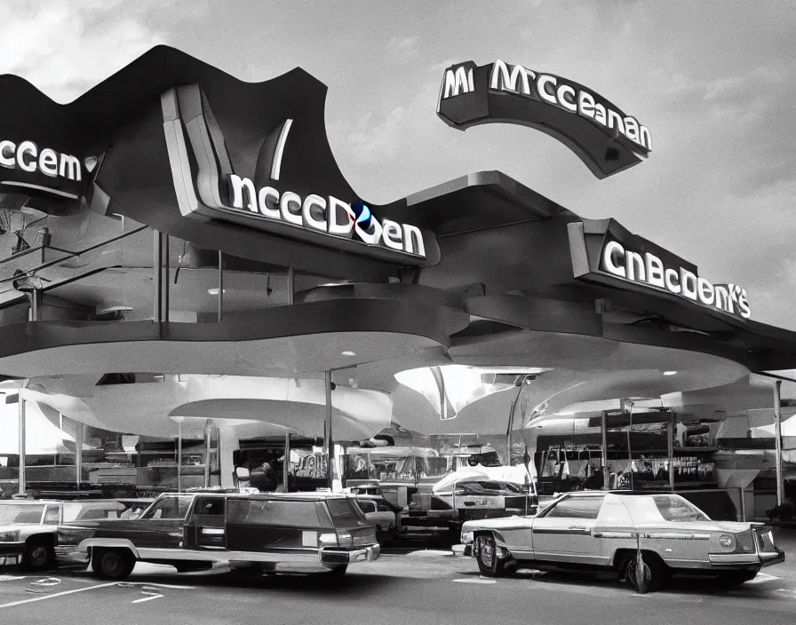 Image similar to !dream alien spacecraft attacking a McDonalds restaurant, 1982, photo real, daylight, vivid colors, Eastman EXR 50D 5245/7245