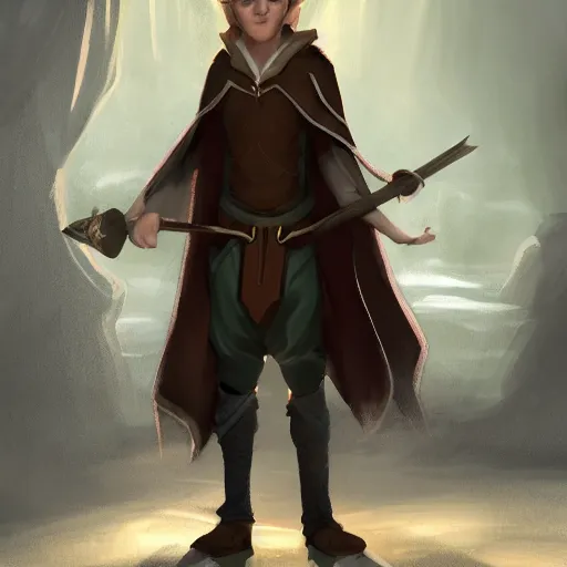 Image similar to An adolescent male half-elf wizard, focus on face, tall, slim, short brown hair, smiling, wizard robes, staff, sharp focus, highly detailed, photograph, cinematic, dynamic lighting, trending on artstation, digital painting, in the style of Chris Ostrowski