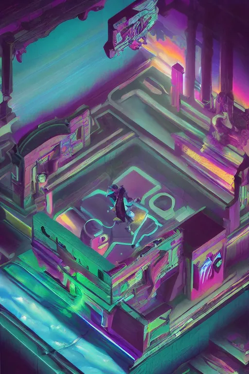 Image similar to shadow of the illuminate, painted by sid check and george barr, trending on artstation, dramatic lighting isometric view vaporwave, iridescent colors, vaporwave, macro, mannerism