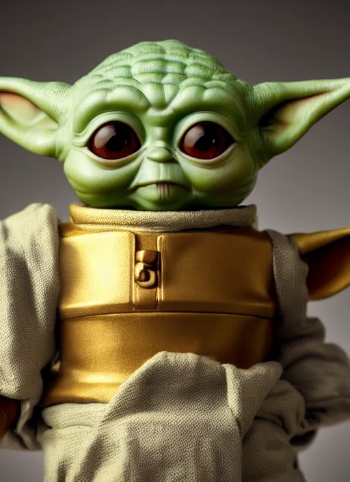 Image similar to closeup of a tin toy baby yoda, depth of field, zeiss lens, detailed, symmetrical, centered, fashion photoshoot, by nicoletta ceccoli, mark ryden, lostfish, earl nore, hyung tae, frank frazetta, breathtaking, 8 k resolution, extremely detailed, beautiful, establishing shot, artistic, hyperrealistic, octane render