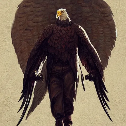 Image similar to a bald eagle in a leather jacket with wings insignia, greg rutkowski, artstation