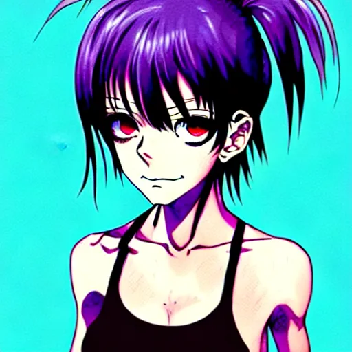 Image similar to style of madhouse studio anime, black lagoon manga, loish, artgerm, comic art, portrait of revy from black lagoon, symmetrical eyes and symmetrical face, jean shorts, white tank top, purple hair, sarcastic evil smirk on face, sky and ocean background