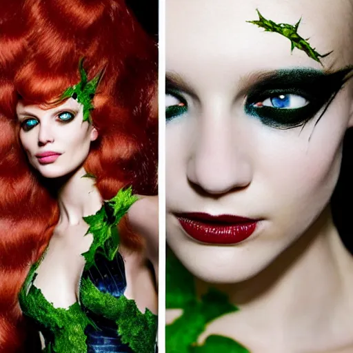 Image similar to A beautiful portrait of Daria Strokous smiling as Poison Ivy from Batman as a Versace fashion model Spring/Summer 2010, highly detailed, in the style of cinematic, Getty images, Milan fashion week backstage, Extreme close up, Makeup by Pat McGrath, Hair by Guido Palau, Greg rutkowski