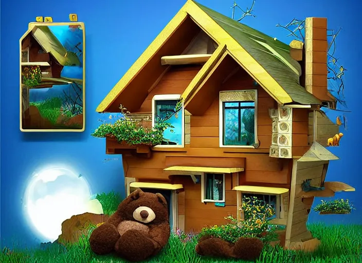 Prompt: fantasy house, house shaped like a bear sleeping