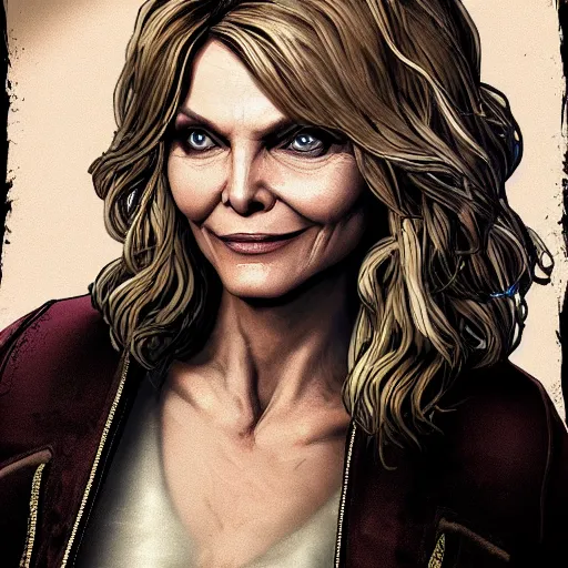 Image similar to michelle pfeiffer portrait, borderlands, tales from the borderlands, the wolf among us, comic, cinematic lighting, studio quality, 8 k