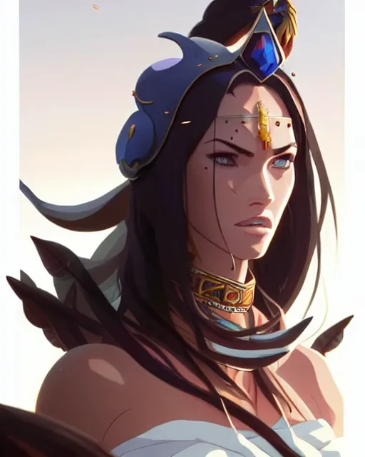 Image similar to azctec warrior, megan fox, gemstone forehead, detailed perfect face, exquisite details, fire magic, mid view, design on a white background, by studio muti, greg rutkowski makoto shinkai takashi takeuchi studio ghibli