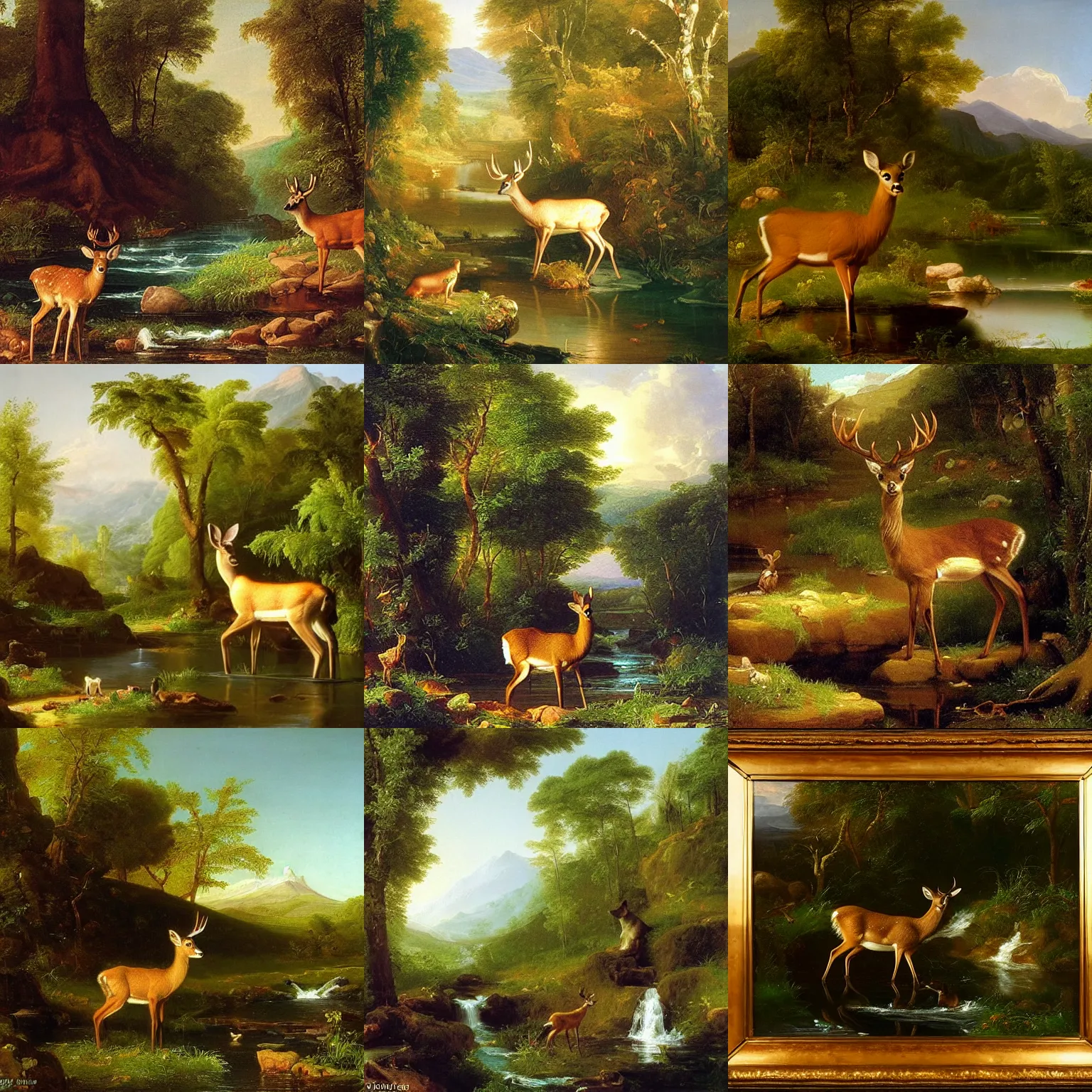 Prompt: a deer comes to drink from the stream. the deer is a metaphor for innocence. it is pure and untouched by the harshness of the world. it is gentle and fragile. an oil painting by thomas cole