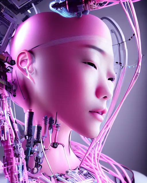 Image similar to portrait of a beautiful japanese woman with pink hair as a cyberpunk cyborg half robot, revealing wires and electronics, hooked - up, sci - fi, missing panels, intricate abstract upper body intricate artwork, concept art, octane render, deviantart, cinematic, key art, hyperrealism, iridescent accents, portrait photograph, nikon 3 5 mm, photograph by greg rutkowski