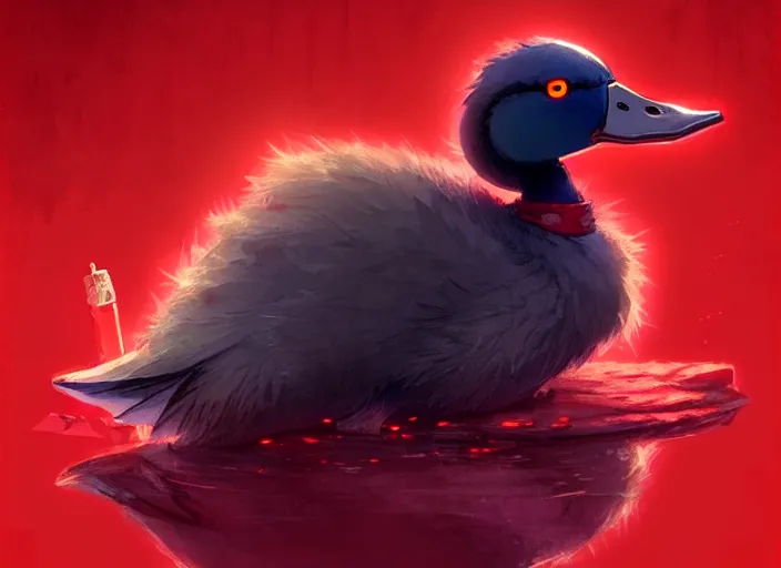 Image similar to cute fluffy mallard duck with vampire fangs wearing red cultist robe, details, cyberpunk, epic, sacrificial altar, landscape illustration concept art anime key visual trending pixiv fanbox by wlop and greg rutkowski and makoto shinkai and studio ghibli and kyoto animation symmetrical facial features