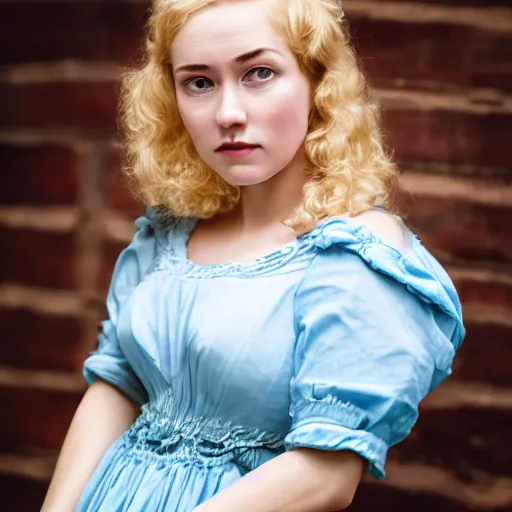 Image similar to portrait of a young lady in a light blue dress 1 9 0 0 s entire face shown in great detail, looking at the camera, full body in camera, blonde hair, garden, photorealistic, extreme detail, sharp focus, 8 k, intricate, hyper detailed, realistic, cinematic lighting