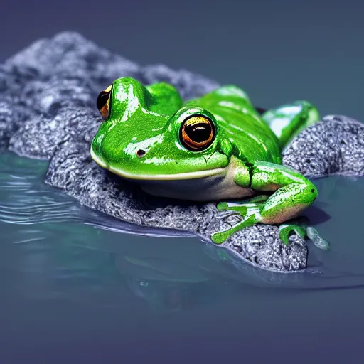 Image similar to frog submerged in yogurt, digital art, photorealistic, shiny, trending on artstation, extremely detailed,