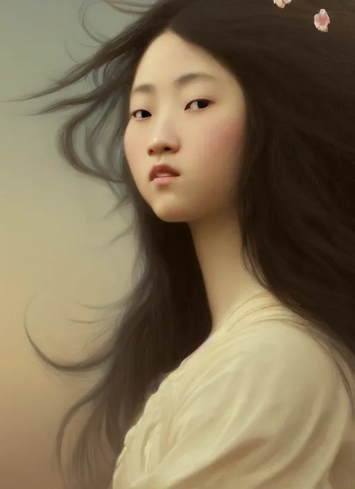 Image similar to oil painting close up portrait of a contemplative young japanese - nigerian woman with long dark flowing hair in a dress made of white roses!! at sunset, hazy, digital art, chiaroscuro, artstation, cinematic, golden hour, digital art painting by greg rutkowski, william - adolphe bouguereau, hazy atmosphere, cinematic lighting