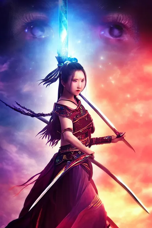 Image similar to beautiful cinematic fantasy poster, wuxia sword dance heroine, beautiful glowing galaxy eyes, hybrid from Dynasty Warriror and art direction by tian zi, WLOP, Darius Zawadzki cinematic quality character render; low angle; ultra high quality model; production quality cinema model;