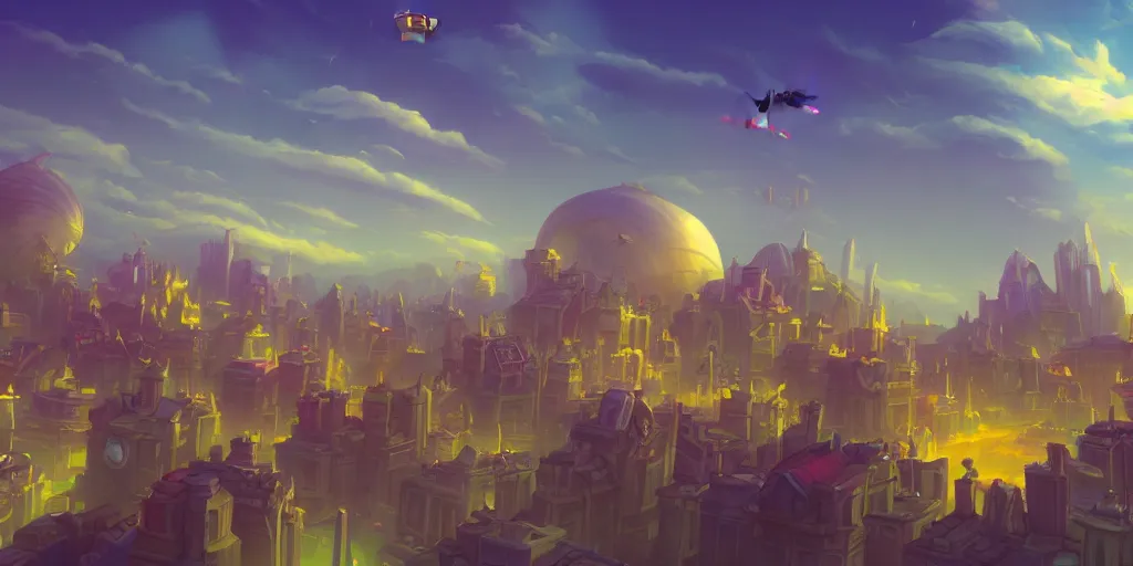 Prompt: a city in the style of piltover from arcane, blimps in the sky, blue skies, soft clouds, trending on artstation