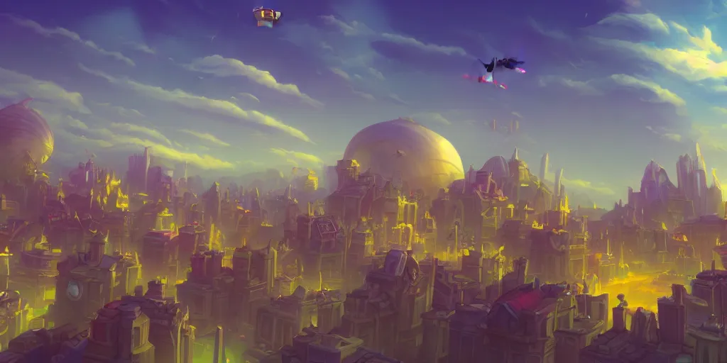 Image similar to a city in the style of piltover from arcane, blimps in the sky, blue skies, soft clouds, trending on artstation