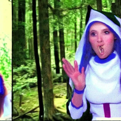 Prompt: 2 4 0 p footage, 2 0 0 6 youtube video, low quality photo, elf maiden telling stories in a forest