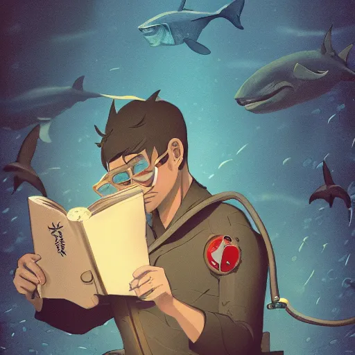 Prompt: man with a vintage diving suit reading a book underwater with sharks around him in the style of makoto shinkai, digital painting, good composition, godrays, trending on art station, high detail