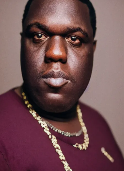 Image similar to DSLR photo portrait still of 50 year old age 50 Notorious BIG at age 50!!!, 85mm f1.8