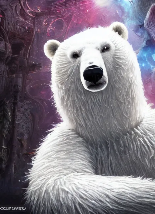 Image similar to white furry polar bear, steampunk googles, highly detailed, unreal engine 5, cinematic, 8 k, by megan duncanson, benjamin lacombe, adrian borda, stanley artgermm, tom bagshaw, craig mullins, carne griffiths, ayami kojima, beksinski, giger, trending on deviantart, hyper detailed, horror, full of colour