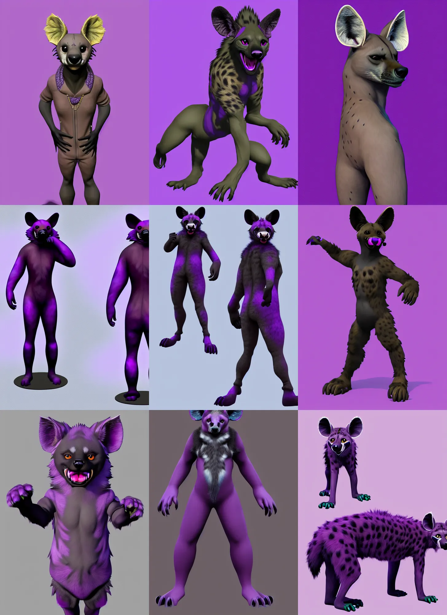 Image similar to a full - body centered front - perspective furry male fursona portrait, a male hyena fursona, purple and black fur color scheme, trending on weasyl, painted in zbrush, high - resolution, photorealistic